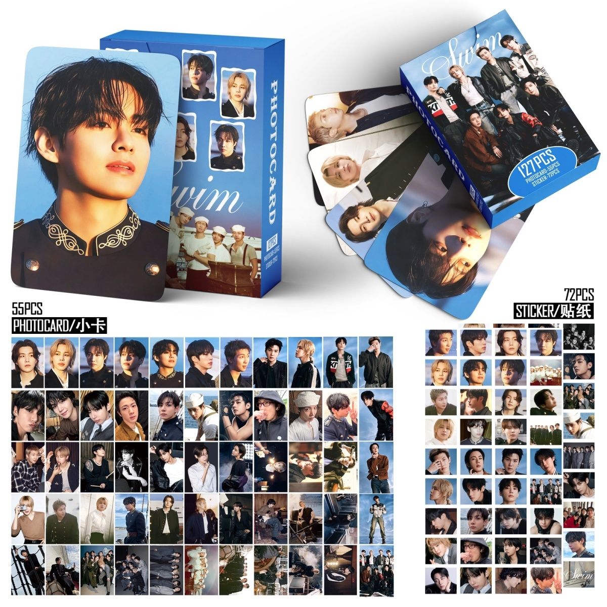 TARJETAS FOTOGRÁFICAS DE NATACIÓN BTS 127 PIEZAS (55 tarjetas + 72 pegatinas)